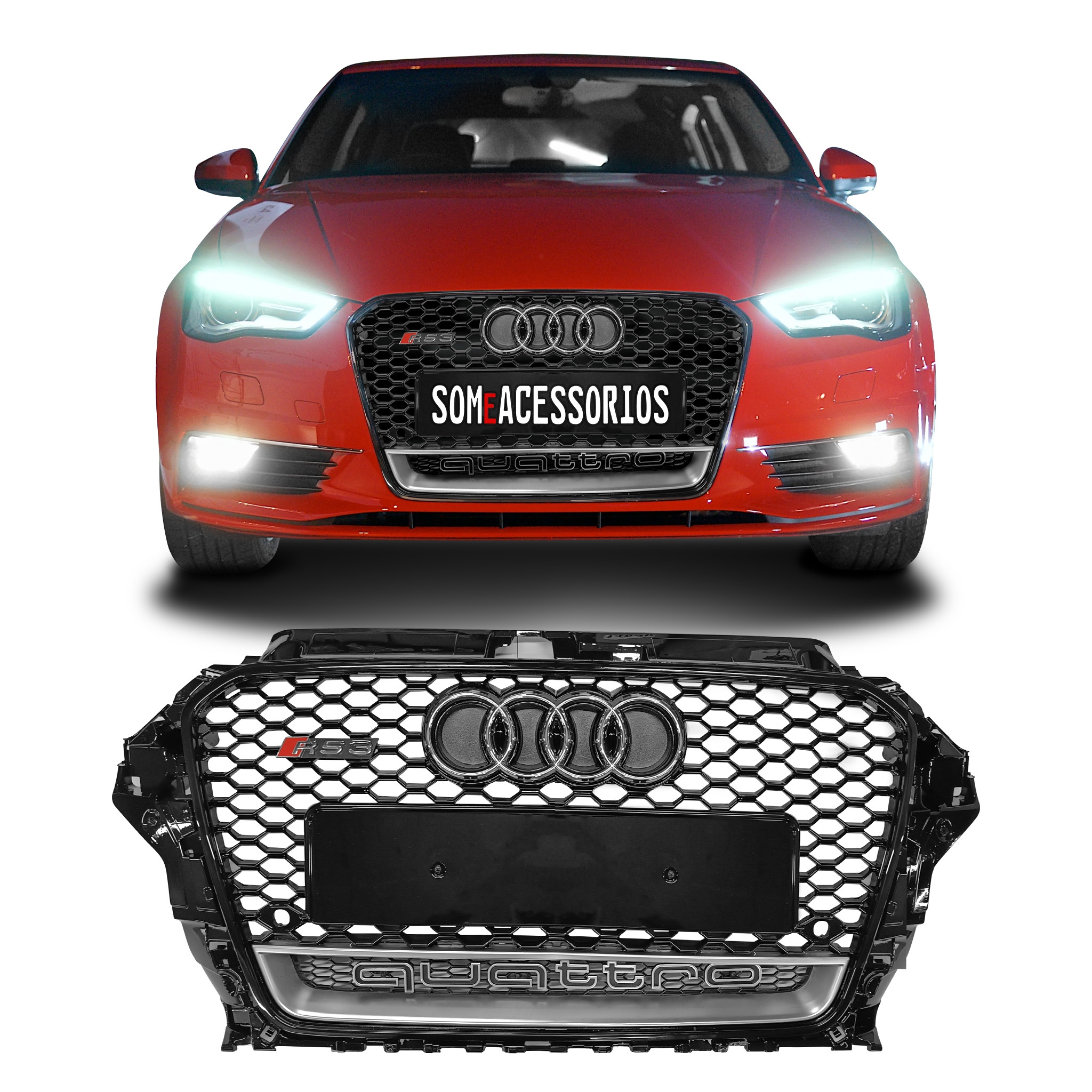 GRADE COLMEIA MODELO RS3 AUDI A3 BLACK PIANO E PRATA Vo6