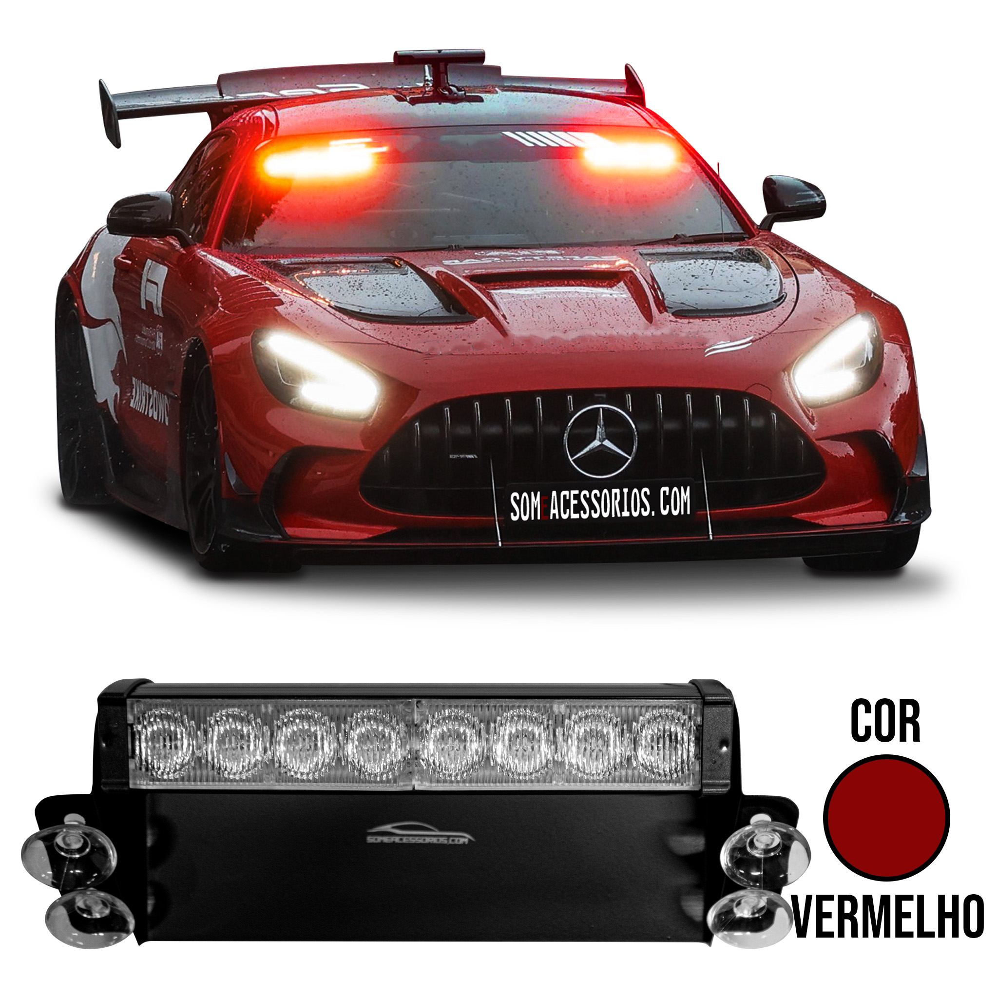 FAROL STROBO VERMELHO 8 LED'S COM VENTOSA SOM E ACESSÓRIOS