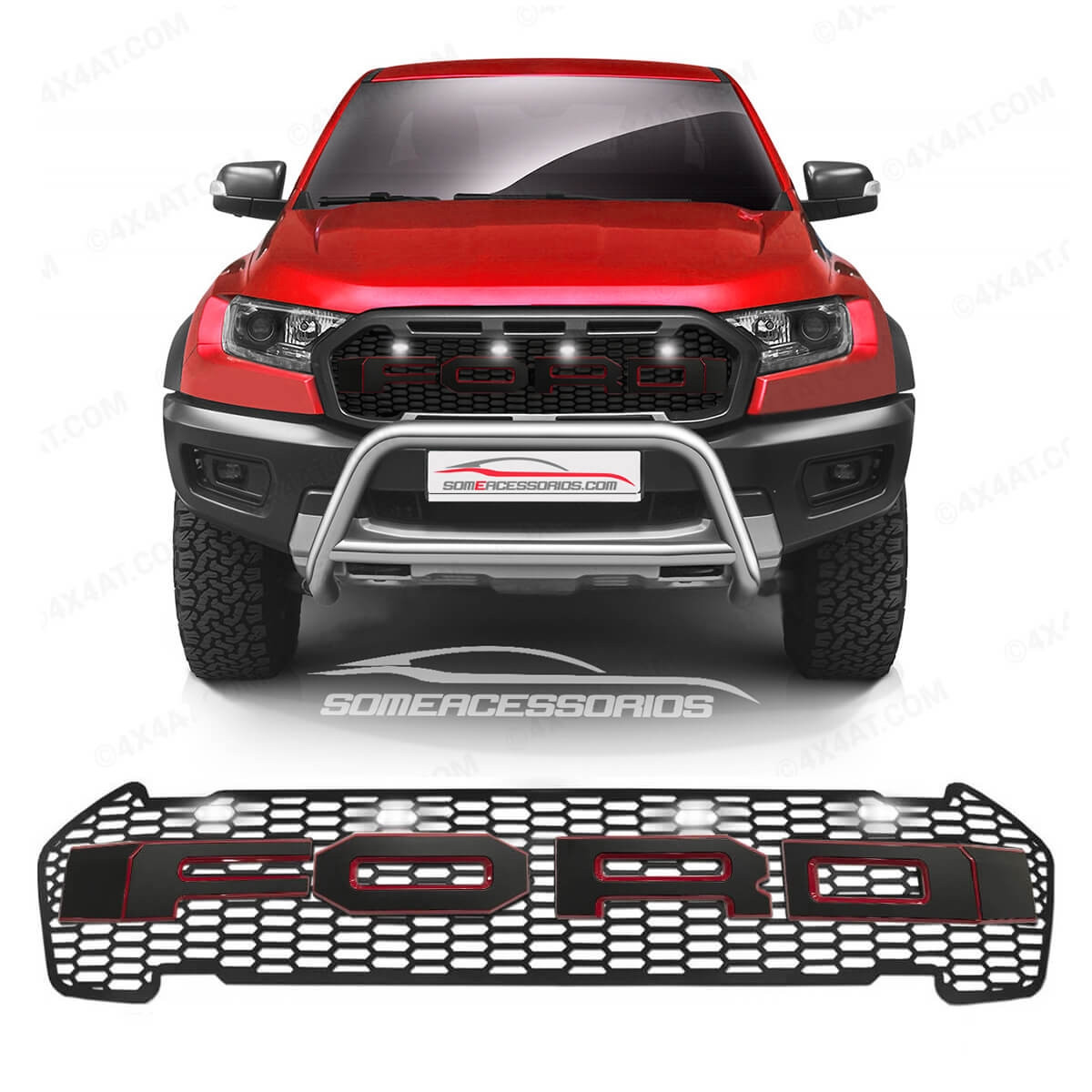 GRADE FORD RANGER RAPTOR LOGO PRETO BORDAS EM VERMELHO LED Vo6