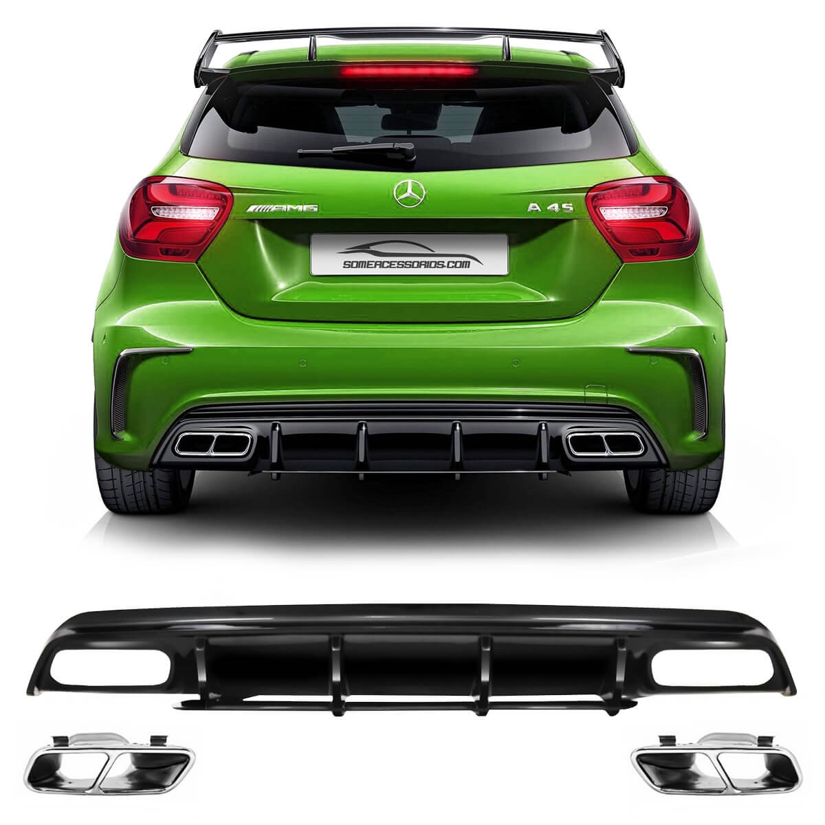 KIT TERMINAL ESCAPAMENTO ESPORTIVO MERCEDES CLASSE A W176 SPOILER PONTEIRA CROMADO Vo6