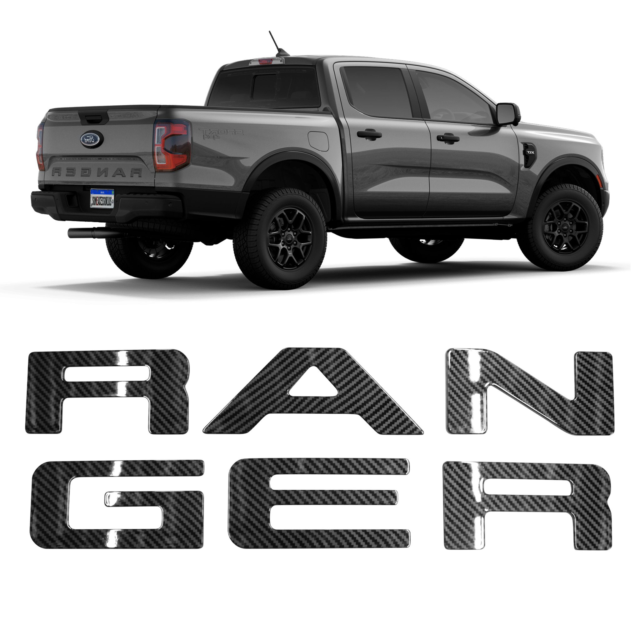 APLIQUE EMBLEMA TRASEIRO FORD RANGER FIBRA DE CARBONO Vo6