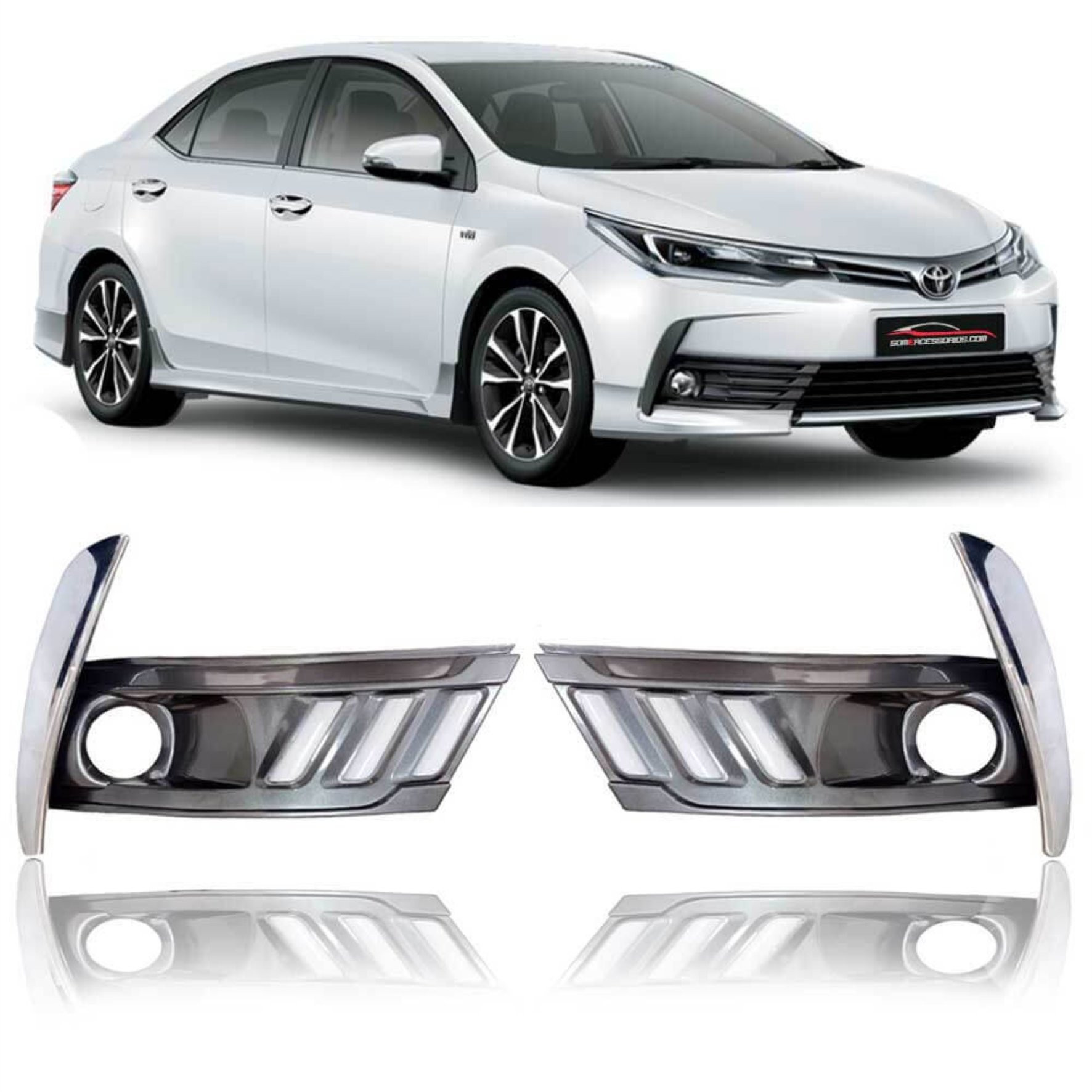 MOLDURA FAROL AUXILIAR DRL TOYOTA COROLLA CROMADO & GRAFITE