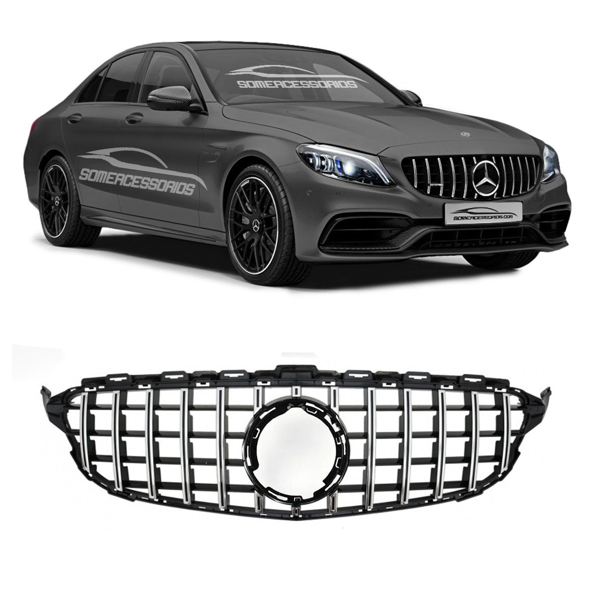 GRADE MERCEDES C W205 BLACK E PRATA SEM ENTRADA PARA CAMERA Vo6