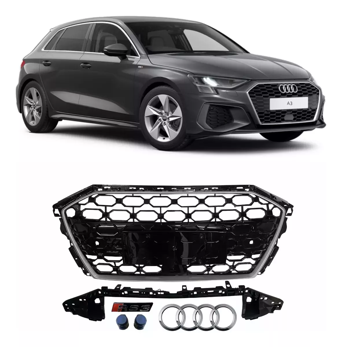 GRADE AUDI A3 MODELO RS3 BLACK PIANO DETALHES PRATA Vo6