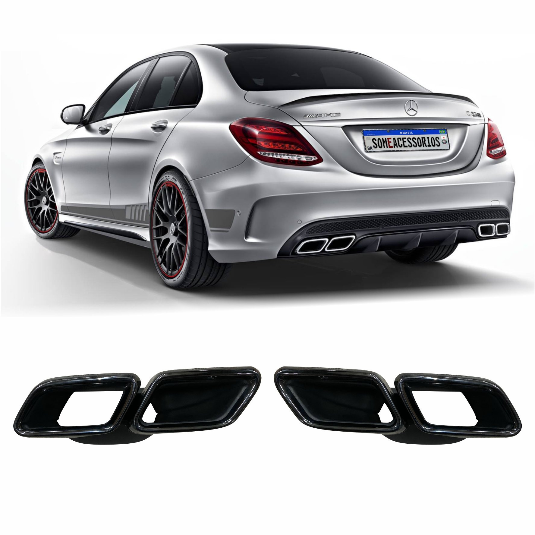 PONTEIRA DUPLA ESCAPAMENTO MERCEDES BENZ CLASSE C W205 C63 AMG INOX PRETA Vo6