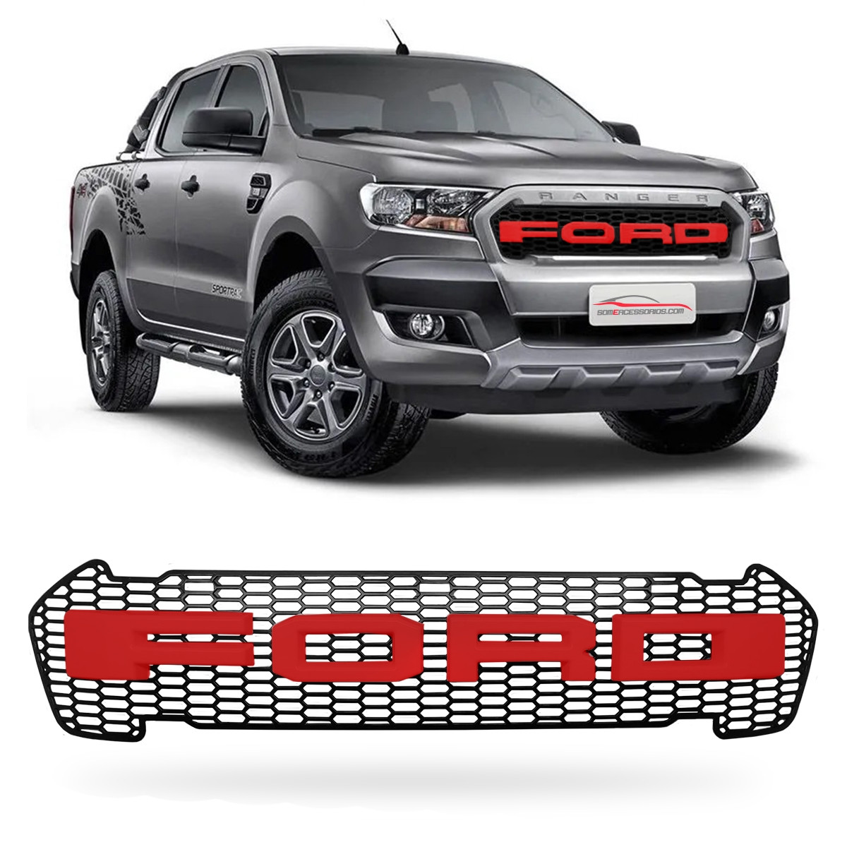 GRADE DIANTEIRO FORD RANGER RAPTOR LOGO VERMELHO Vo6