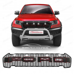 GRADE FORD RANGER RAPTOR LOGO PRETO BORDAS EM VERMELHO LED Vo6