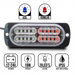 FAROL STROBO AZUL E VERMELHO 20 LEDS SOM E ACESSÓRIOS Vo6